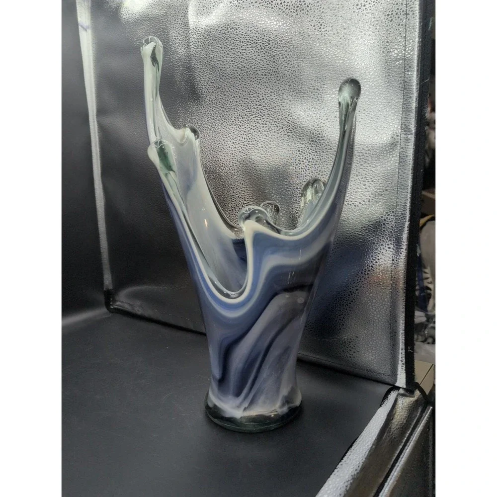 Vintage Blue And White Murano Large Ruffled Vertical Wave Vase 16